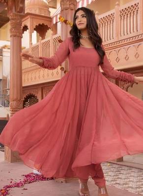 Rosegold georgette plain anarkali kurta set with dupatta for women 2