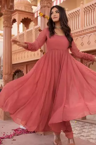 Rosegold georgette plain anarkali kurta set with dupatta for women