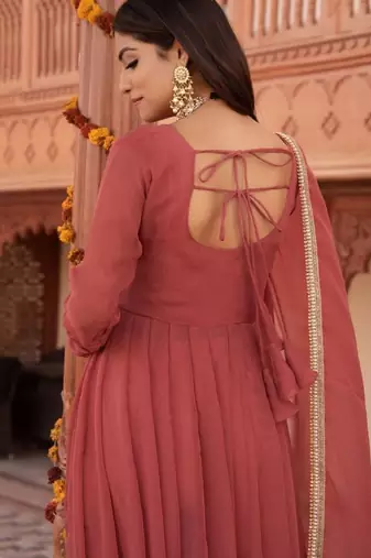 Rosegold georgette plain anarkali kurta set with dupatta for women