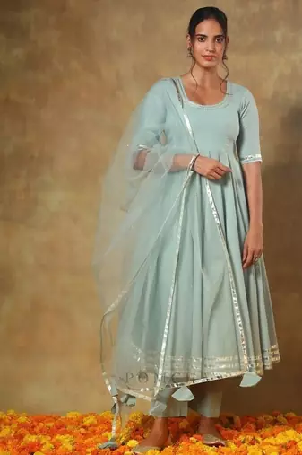 Blue cotton plain anarkali kurta set with dupatta for women