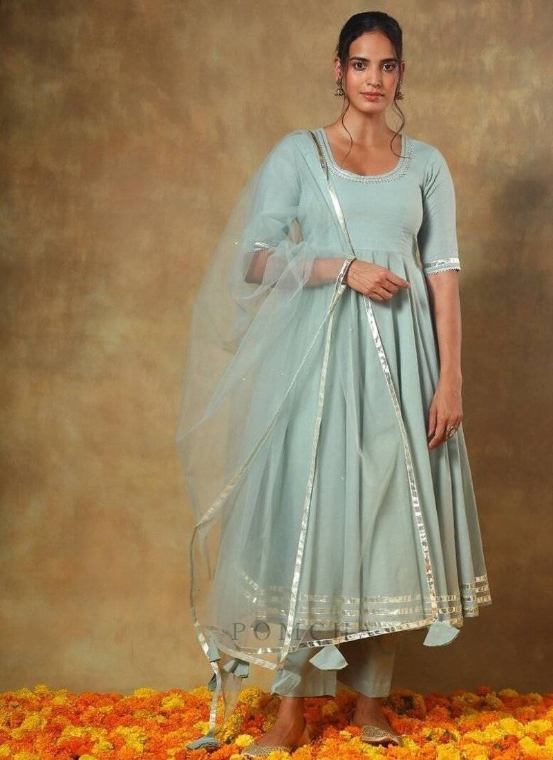 Blue cotton plain anarkali kurta set with dupatta for women