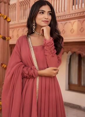 Rosegold georgette plain anarkali kurta set with dupatta for women 4