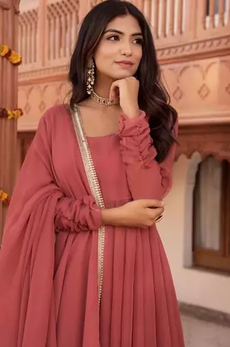 Rosegold georgette plain anarkali kurta set with dupatta for women