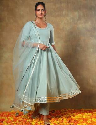 Blue cotton plain anarkali kurta set with dupatta for women 2