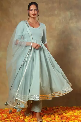 Blue cotton plain anarkali kurta set with dupatta for women