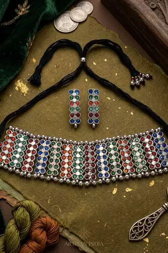 Multi color rainbow oxidised necklace set