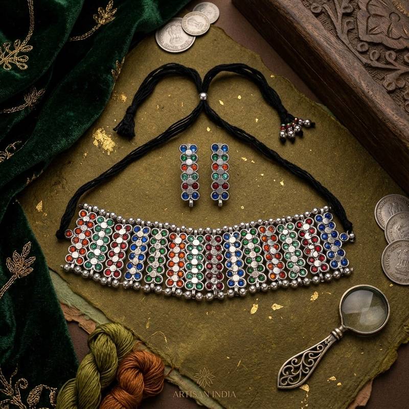 Multi color rainbow oxidised necklace set