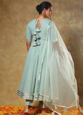 Blue cotton plain anarkali kurta set with dupatta for women 3