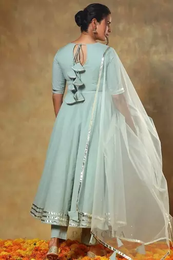 Blue cotton plain anarkali kurta set with dupatta for women