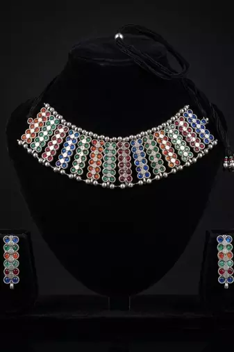 Multi color rainbow oxidised necklace set