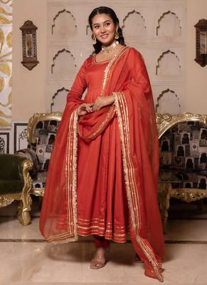Orange rayon plain anarkali kurta set with dupatta for women 1
