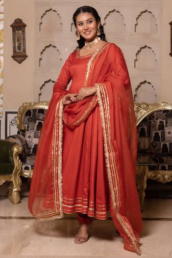 Orange rayon plain anarkali kurta set with dupatta for women