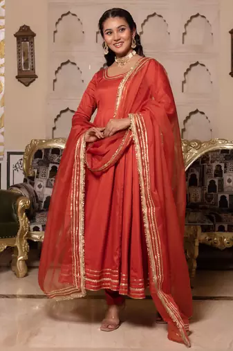 Orange rayon plain anarkali kurta set with dupatta for women