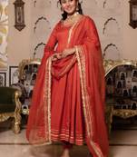 Orange rayon plain anarkali kurta set with dupatta for women
