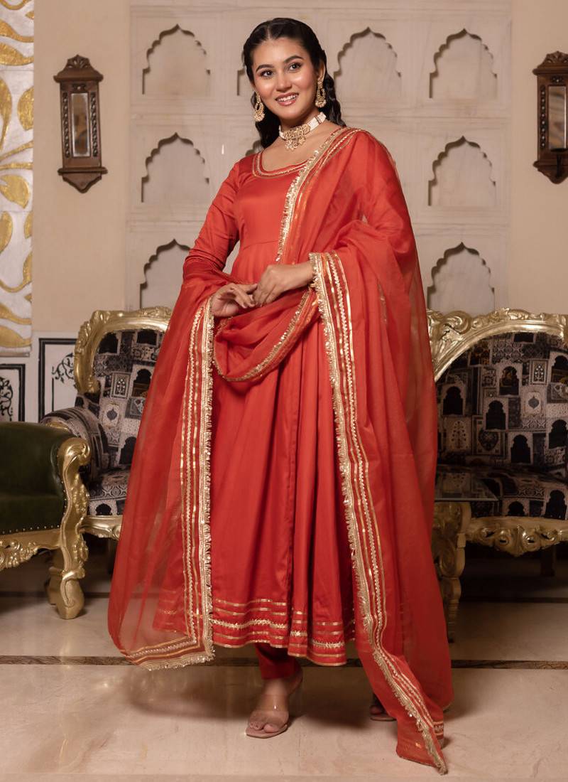 Orange rayon plain anarkali kurta set with dupatta for women