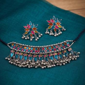 Multi color meena work oxidised necklace set 1