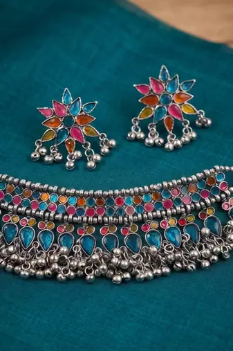Multi color meena work oxidised necklace set