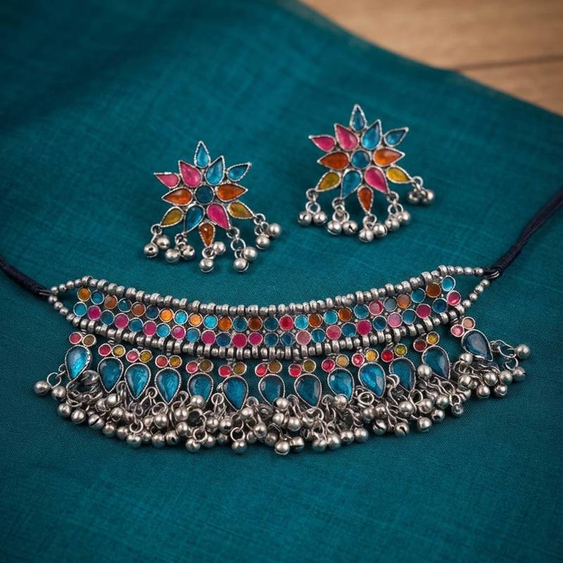 Multi color meena work oxidised necklace set