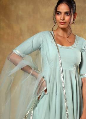 Blue cotton plain anarkali kurta set with dupatta for women 4
