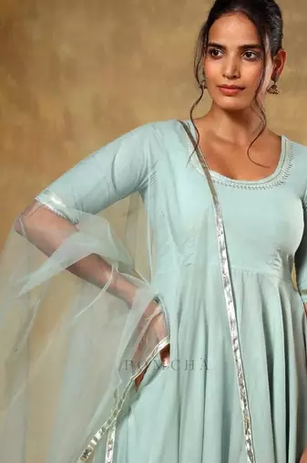 Blue cotton plain anarkali kurta set with dupatta for women