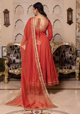 Orange rayon plain anarkali kurta set with dupatta for women 2