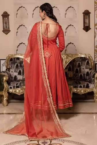 Orange rayon plain anarkali kurta set with dupatta for women