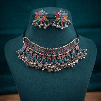 Multi color meena work oxidised necklace set 2