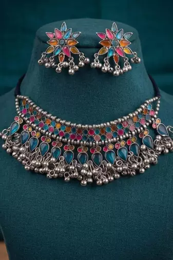 Multi color meena work oxidised necklace set
