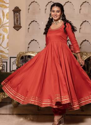 Orange rayon plain anarkali kurta set with dupatta for women 3