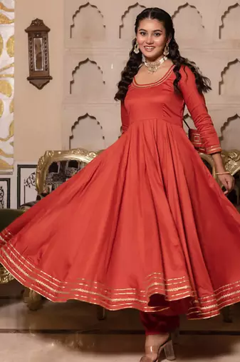 Orange rayon plain anarkali kurta set with dupatta for women