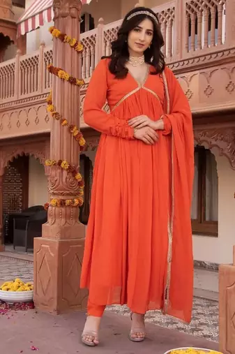 Orange georgette plain anarkali kurta set with dupatta for women