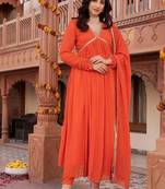 Orange georgette plain anarkali kurta set with dupatta for women