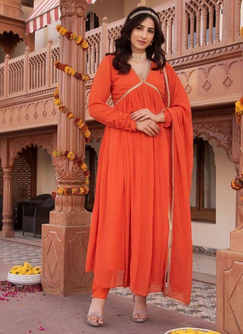 Orange georgette plain anarkali kurta set with dupatta for women