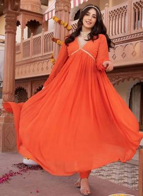 Orange georgette plain anarkali kurta set with dupatta for women 2