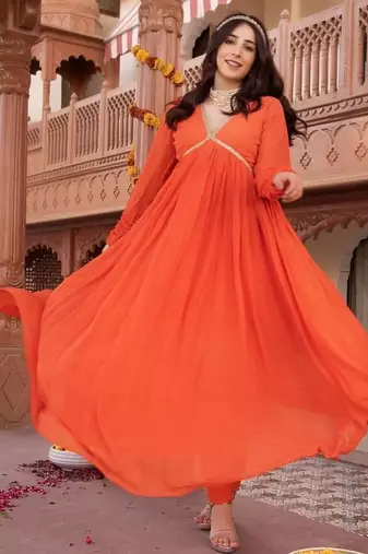 Orange georgette plain anarkali kurta set with dupatta for women