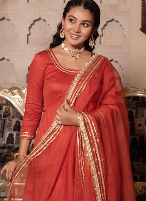 Orange rayon plain anarkali kurta set with dupatta for women 4