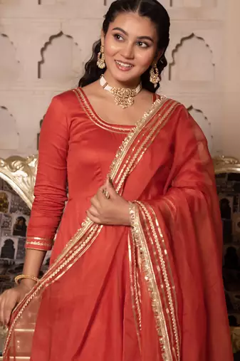 Orange rayon plain anarkali kurta set with dupatta for women