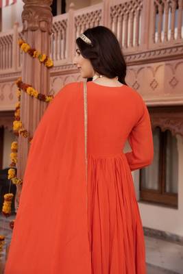 Orange georgette plain anarkali kurta set with dupatta for women 3