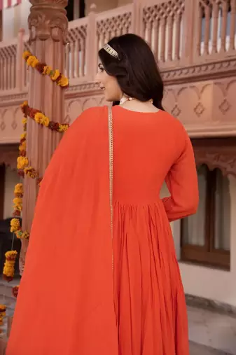Orange georgette plain anarkali kurta set with dupatta for women