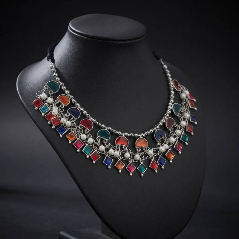 Multi color meena work oxidised necklace