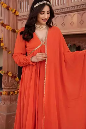 Orange georgette plain anarkali kurta set with dupatta for women