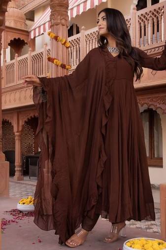 Brown georgette plain anarkali kurta set with dupatta for women