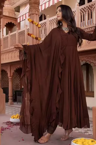 Brown georgette plain anarkali kurta set with dupatta for women