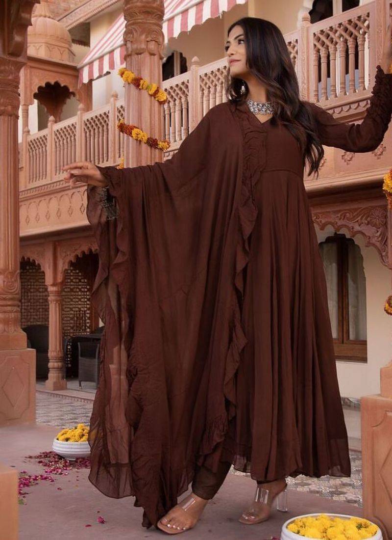 Brown georgette plain anarkali kurta set with dupatta for women