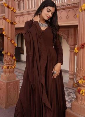 Brown georgette plain anarkali kurta set with dupatta for women 2
