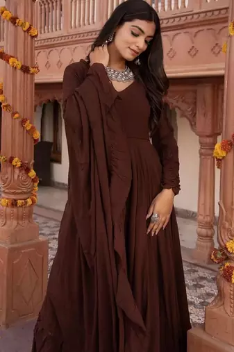 Brown georgette plain anarkali kurta set with dupatta for women