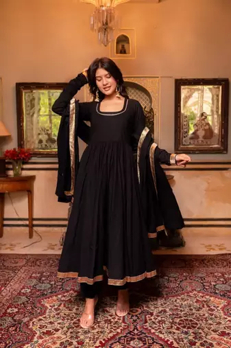 Black cotton plain anarkali kurta set with dupatta for women