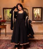 Black cotton plain anarkali kurta set with dupatta for women