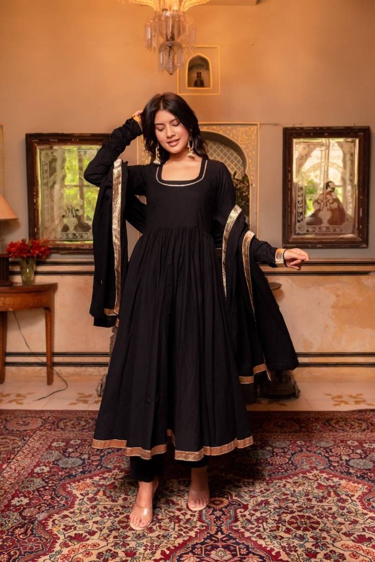 Black cotton plain anarkali kurta set with dupatta for women
