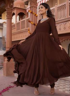 Brown georgette plain anarkali kurta set with dupatta for women 3